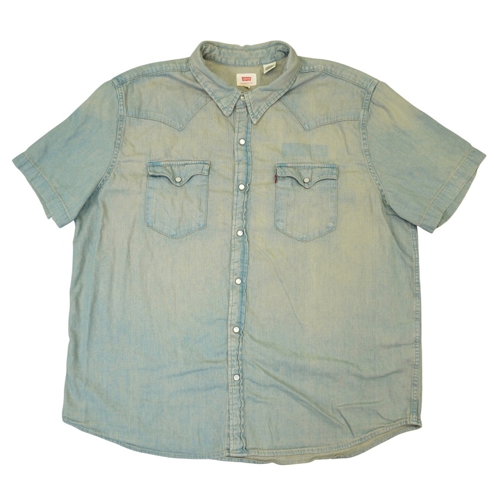 Levi's Western Shirt Men XXL‎ Light Blue Short Sleeve Pearl Snap Denim